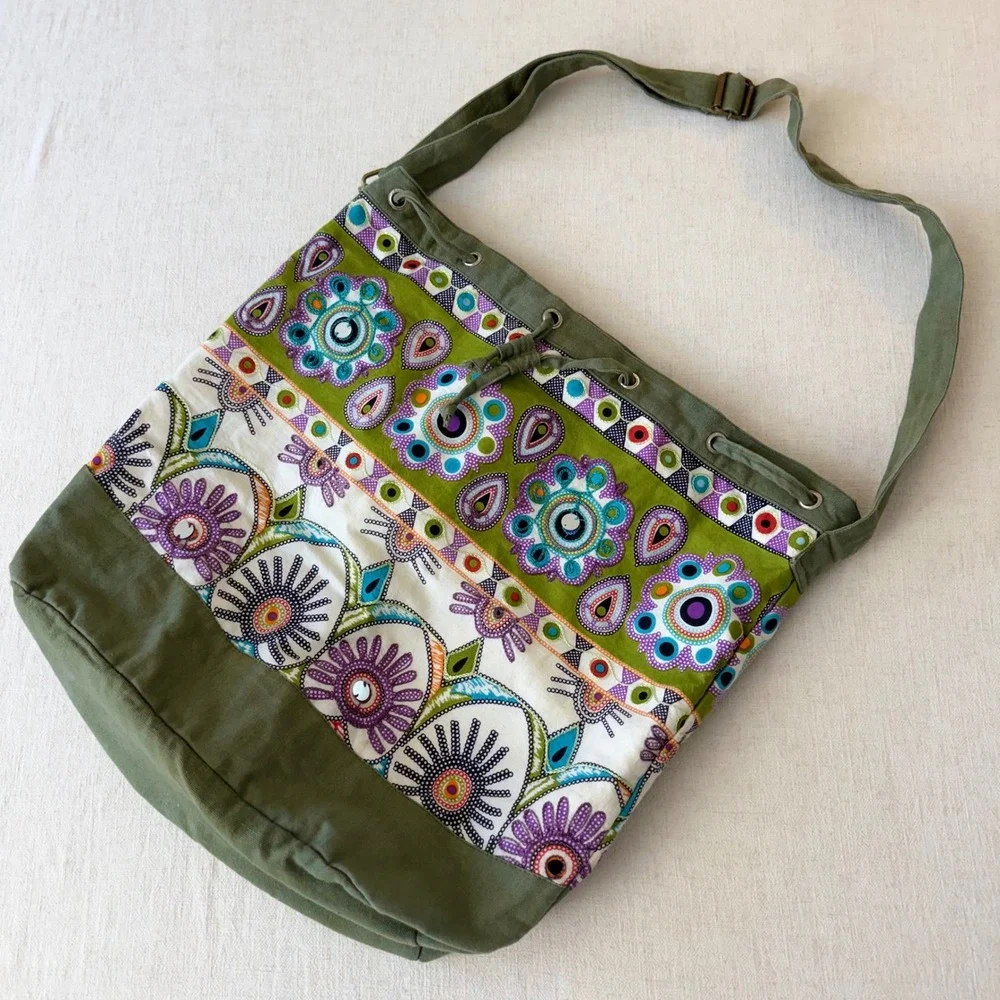 Boho Green Cotton Canvas Embroidered‎ Floral Mirror Sequin Tote Bag Crossbody